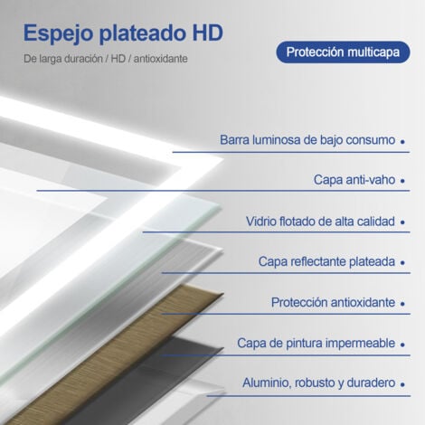Meykoers Espejo de baño LED Espejo de baño iluminado blanco frío 60x40cm con Interruptor táctil + Antivaho