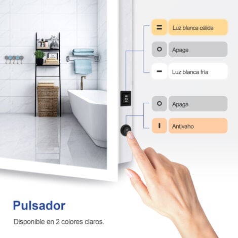 Meykoers Espejo de baño LED Espejo de baño iluminado de 2 colores 120x60cm con interruptor de botón + Antivaho