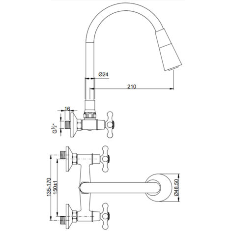Robinet Mitigeur Cuisine Mural Kuchinox Laiton Manettes Croisillons Bec Bas BKI 580D