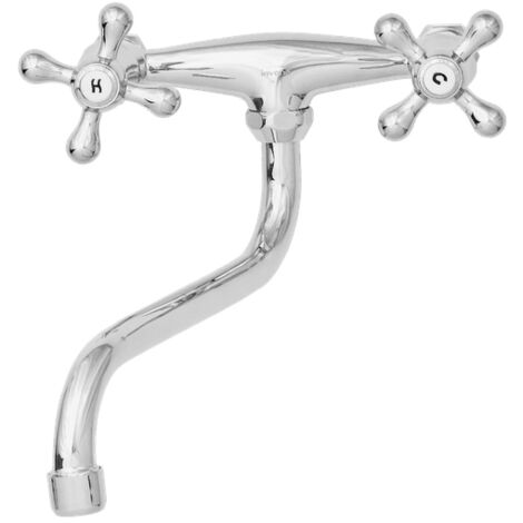Robinet Cuisine Mitigeur Chrome Mural Bec Inférieur Manettes Croisillons