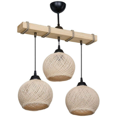 Suspension lumineuse plafonnier Fiona – Métal et bois naturel – Couleur crème-naturel – Dimensions 50x20x63cm – 3 ampoules E27 max 60W – Jardibricodeco (1/4)