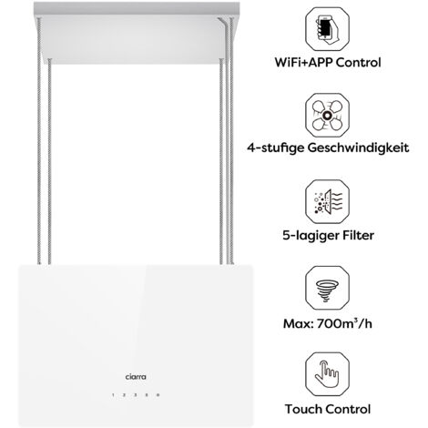 CIARRA CD4850S 700 m3/h A+++ Dunstabzugshaube 48cm Inselhaube Booster WIFI- APP Touch-Steuerung Wi-Fi App Insel Freihangend Umluft Weiß