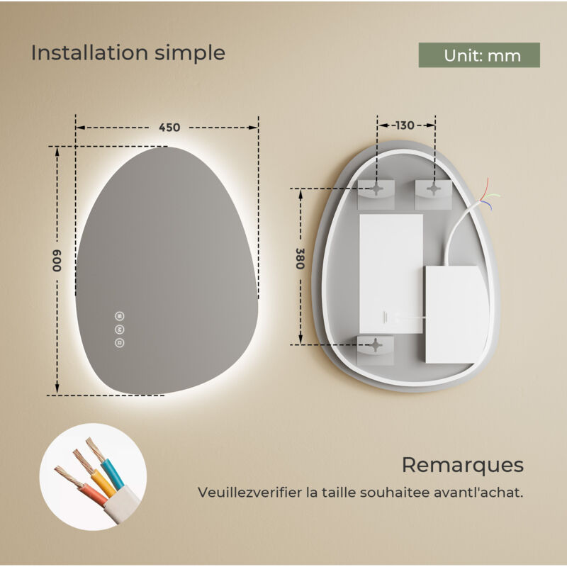 Miroir Salle De Bain LED S'AFIELINA 60x45cm - Antibuée, Bluetooth, Horloge, 3 Couleurs Lumière, IP44