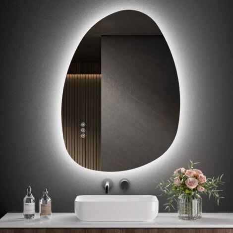 S'AFIELINA Miroir lumineux de salle de bain avec interrupteur tactile, 3 couleurs de lumière et luminosité réglable, anti-buée - asymétrique 75×55cm
