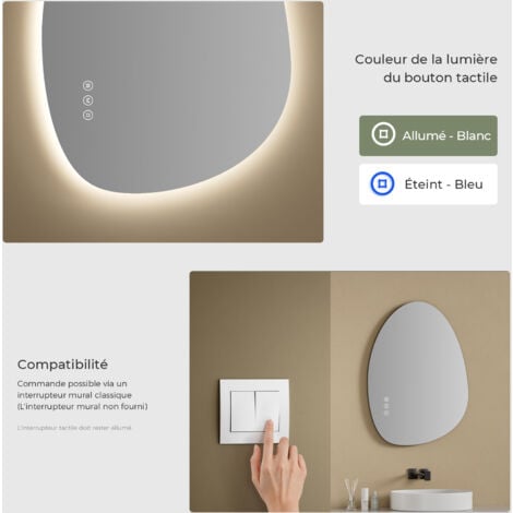 S'AFIELINA Miroir lumineux de salle de bain avec interrupteur tactile, 3 couleurs de lumière et luminosité réglable, anti-buée - asymétrique 75×55cm