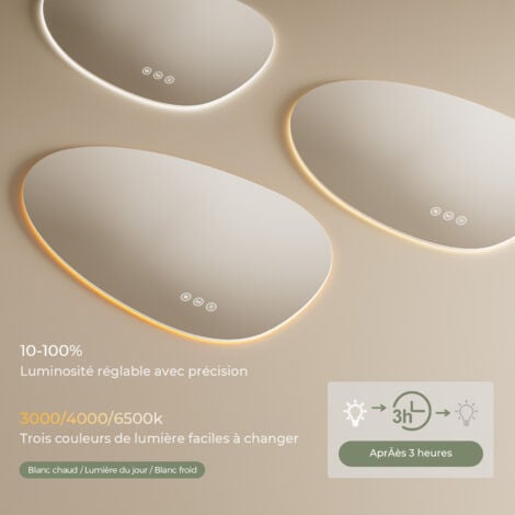 S'AFIELINA Miroir lumineux de salle de bain avec interrupteur tactile, 3 couleurs de lumière et luminosité réglable, anti-buée - asymétrique 75×55cm