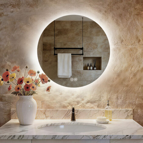 S'Afielina – Miroir lumineux de salle de bain rond 50 cm – Interrupteur tactile – 3 couleurs de lumière 3000K/4000K/6500K – IP44 étanche