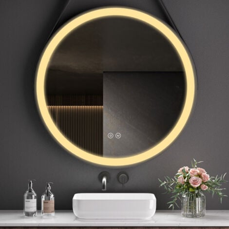 S'AFIELINA Miroir de salle de bain LED Rond Miroir Cadre Noir Miroir Mural Suspendu Miroir Lumineux 80 cm avec Interrupteur Tactile 3 Couleurs de lumière 3000/4000/6500K