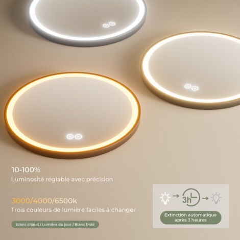 S'AFIELINA Miroir de salle de bain LED Rond Miroir Cadre Noir Miroir Mural Suspendu Miroir Lumineux 80 cm avec Interrupteur Tactile 3 Couleurs de lumière 3000/4000/6500K