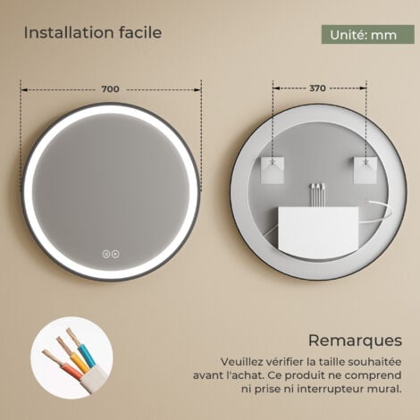 S'AFIELINA Miroir de salle de bain LED Rond Miroir Cadre Noir Miroir Mural Suspendu Miroir Lumineux 80 cm avec Interrupteur Tactile 3 Couleurs de lumière 3000/4000/6500K
