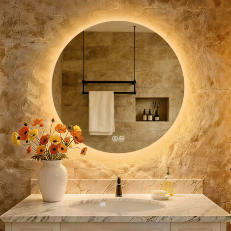 S'Afielina – Miroir lumineux de salle de bain rond 70cm – Interrupteur tactile – 3 couleurs de lumière 3000K/4000K/6500K – IP44 étanche