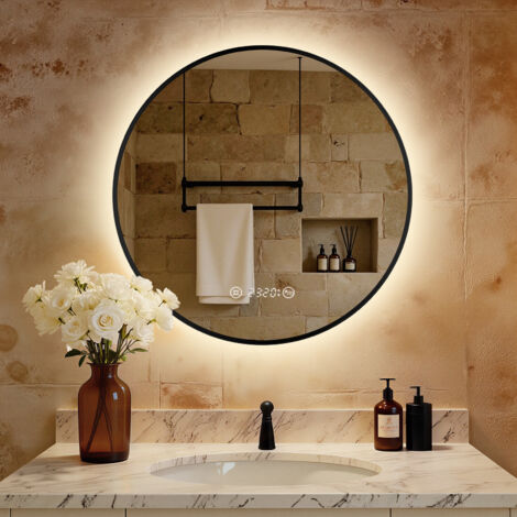 S'Afielina – Miroir lumineux de salle de bain rond 60 cm – Anti-buée – Lumière blanche neutre – Interrupteur tactile – Horloge numérique – IP44