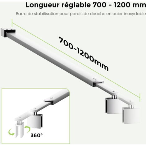 S'AFIELINA Barre de stabilisation, Barre de support pour parois de douche, Angulaire, Flexible, Réglable 700 - 1200 mm, Stabilisateur pour verre d'épaisseur 8 - 10 mm (1 pièce)
