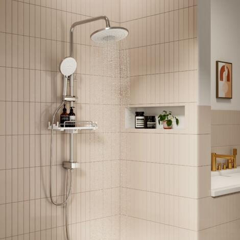 S'Afielina – Colonne de douche sans robinetterie – Système avec 3 modes de pulvérisation – Douchette et douche de tête – Étagère rétractable 28-44cm