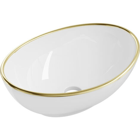 Lavabo cerámico sobre encimera, 40,5x33x14 cm, Blanco/Dorado (1/3)