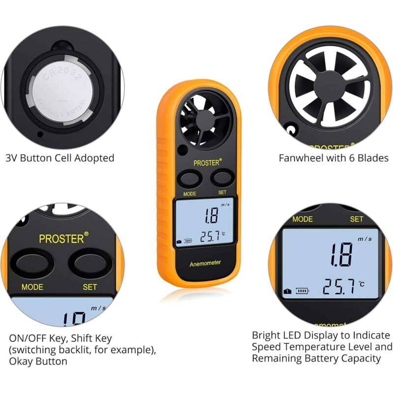 Gistuch - Anémomètre Portable Digital LCD avec Max/Min/AVG Anémomètre Numérique Mesure Vitesse du Vent du Flux d’Air Thermomètre avec Rétro-éclairage 3