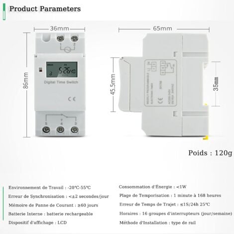 Gistuch Minuteur Numérique Programmable, Ecran LCD Interrupteur Horaire Hebdomadaire avec Programmation Minuteur Programmable sur Rail DIN (220 V)