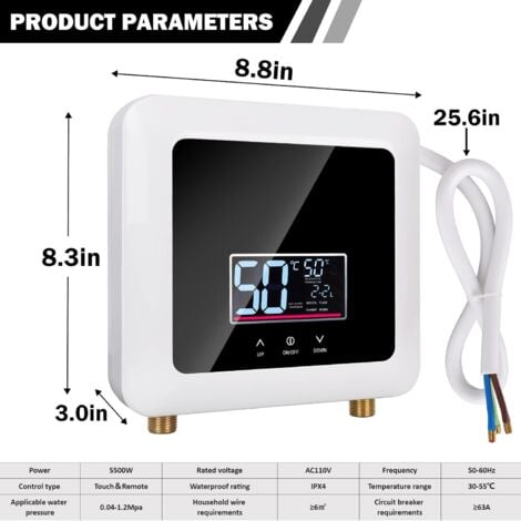 Chauffe eau instantane 7500W Gistuch chauffe eau electrique sans réservoir affichage led mural support thermostat mode/réglage de puissance pour maison cuisine salle de bains