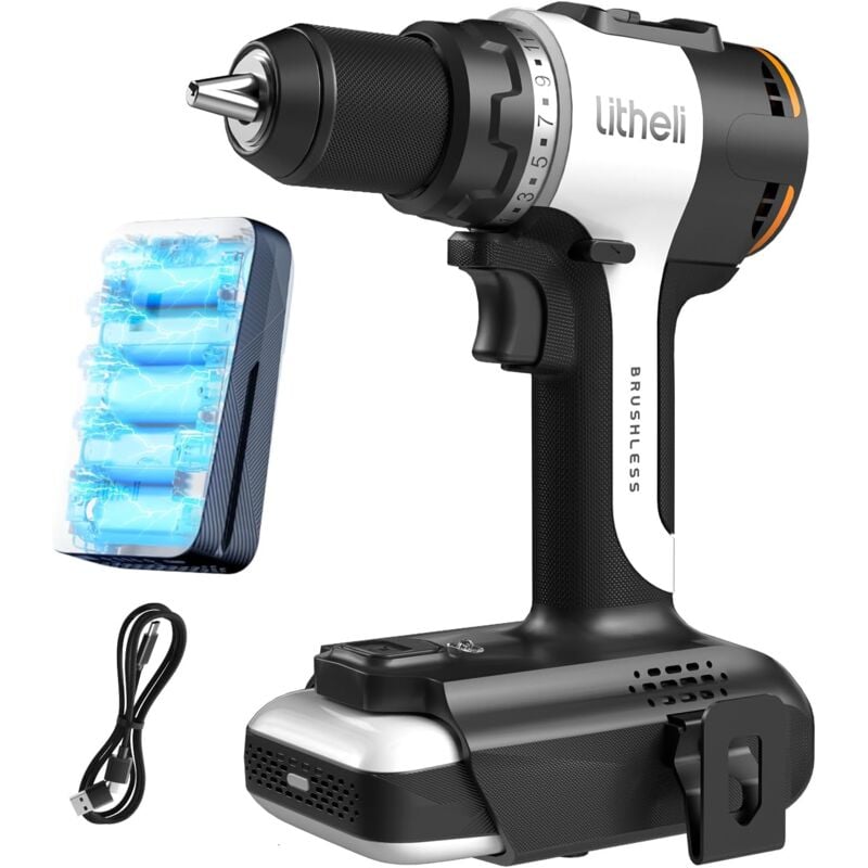Perceuse sans fil 60 Nm avec mandrin sans clé de 1/2", 2 vitesses, 18+1 réglages de couple, batterie Li-ion 2.0Ah Litheli