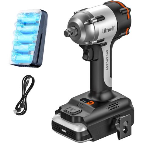 Litheli – Clé à chocs sans fil 20V – Couple 450 Nm – Moteur sans balais – 3 vitesses réglables – Avec batterie 2.0Ah et éclairage LED