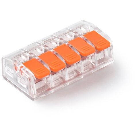Sachet de 30 Connecteurs Électriques 5 Pôles Polycarbonate Transparent à Levier Large - Capacité 0.2 à 4 mm² - 32A / 450V AC -40°C/+105°C - Conformes EN 60998 et RoHS