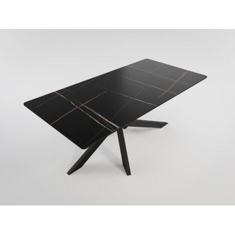 Esszimmertisch ELLEN 180x90cm schwarze Keramikplatte schwarzes Kreuzgestell (1/4)