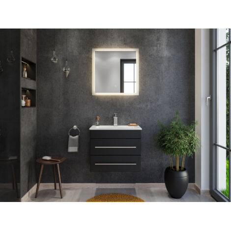 Badmöbel Mars 600 SlimLine 2-tlg - LED Spiegel - 2 SoftClose Schubladen schwarz (1/5)