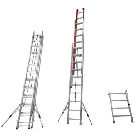 Échelle coulissante 3 plans en fibre de verre et aluminium – Hauteur d'accès 7,22 m – Stabilisateur avec patins antidérapants