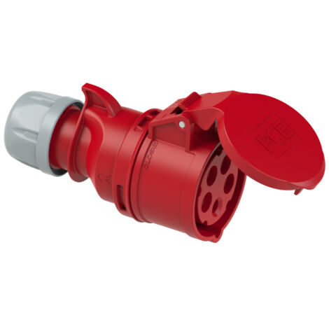 Prise industrielle portable femelle rouge 32A 5P 400V IP44 – Protection contre projections d'eau – Montage sans outil – Pour environnements industriels – PCE