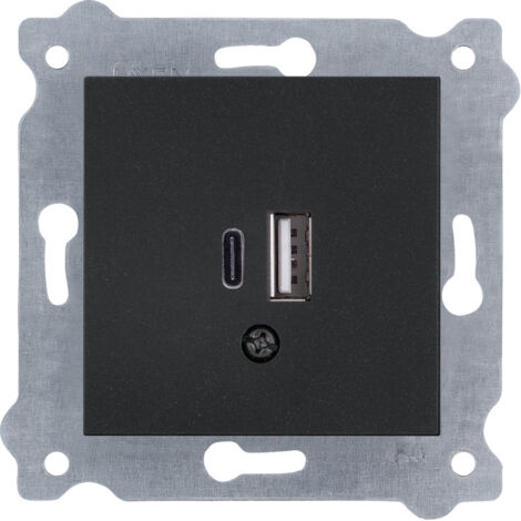 Prise murale double chargeur USB Type-C + Type-A noir métallique bornes à vis 277/14E EXEN (1/3)