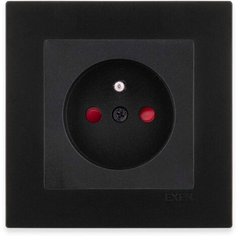 Prise de courant complète 2P+T noir avec obturateurs, cadre simple noir métallisé Série KARELL 16A 250V EXEN