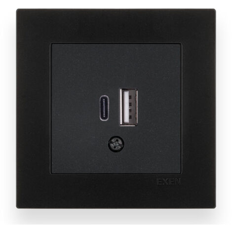 Prise double USB Type C + Type A noir métallisé – ensemble complet avec plaque – 277/14E EXEN