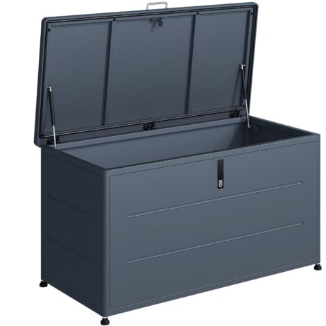 Coffre de rangement extérieur 460L gris en acier galvanisé – Ouverture assistée pour jardin et terrasse