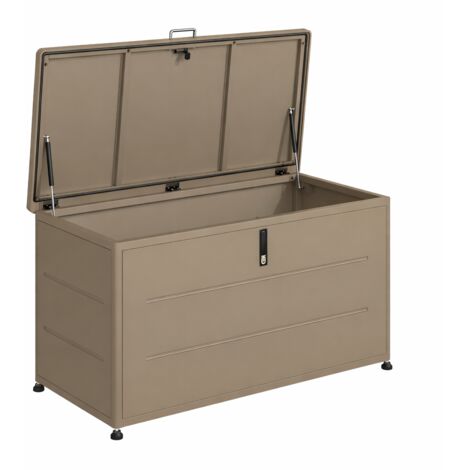 Coffre de jardin 460L taupe – Rangement extérieur en métal avec vérin hydraulique
