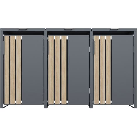 Abri poubelles 3 bacs imitation bois – Toit plat en acier galvanisé