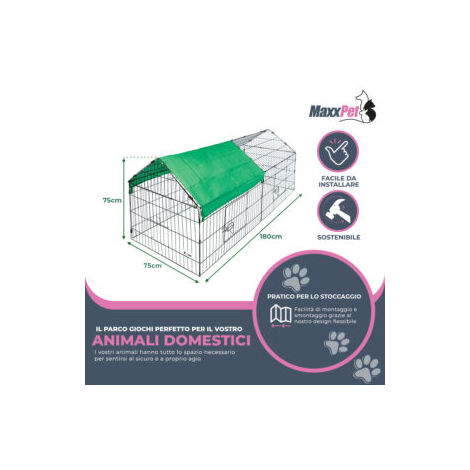 MaxxPet Gabbia per Conigli - Recinto per Conigli e Porcellini d'India - Gabbia per Interno o Esterno - Parco Portaconiglio con Tetto Rimovibile e Copertura Protezione UV - 180x50x75 cm - Colore Verde