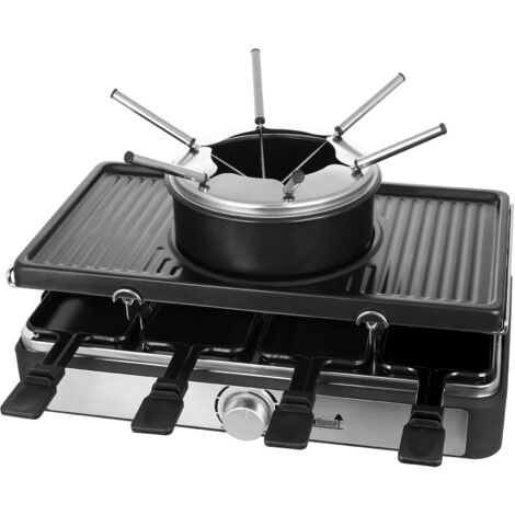 MaxxHome – Raclette, Fonduta e Griglia Elettrica da Tavolo, 1400 W, Per 8 Persone, 8 Pentole, Griglia Rimovibile con Set per Fonduta e Piastra in Pietra, 8 Supporti in Legno, Colore Nero