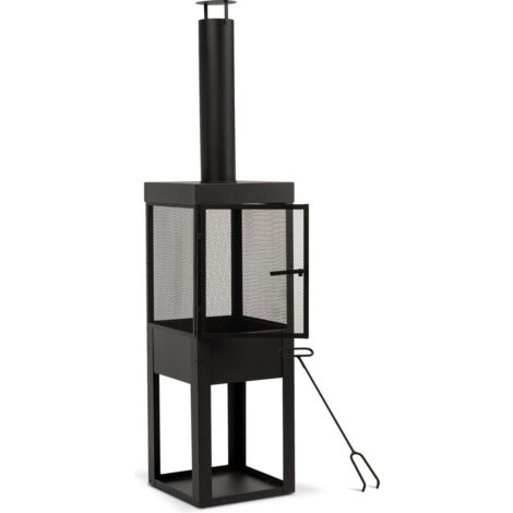 MaxxGarden - Hermosa chimenea de jardín con pantalla de chispas para la relajación - Fuego de patio con rejilla de acero y almacenamiento de madera -(Ø40 x 195 cm) Negro