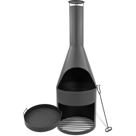 MaxxGarden Chimenea de jardín - Chimenea de patio con rejilla de acero - Chimenea de exterior con cortavientos y almacenamiento de leña - 45x45x135cm
