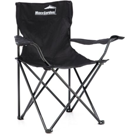 MaxxGarden Silla de Acampada - Silla de Acampada Plegable Adecuada para Festivales, la Playa, el Camping, la Pesca, etc. Portavasos en el reposabrazos - Incluye Bolsa de Transporte - Color: Negro
