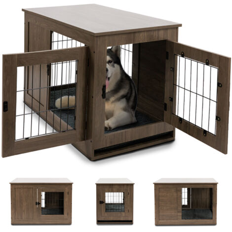 MaxxPet Hondenkooi van hout, 96 x 61 x 64 cm, dierenkooi, huisdierkooi, roosterbox voor honden, hondenbox met 2 deuren, modern hondenhok voor binnen - Bruin