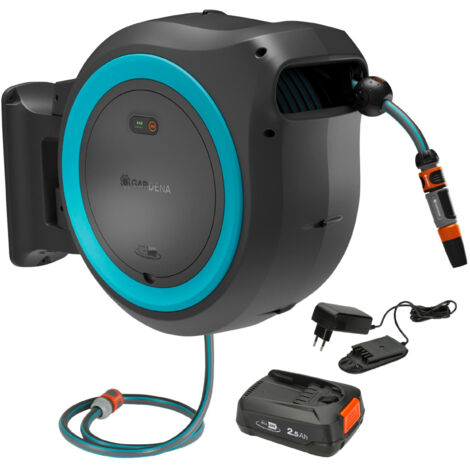 GARDENA Portamangueras PowerRoll XXL a batería 18V POWER FOR ALL, 40 m de manguera, línea azul, anti heladas y rayos UV, recogida de manguera automático, batería y cargador incluidos (18645-20) (1/5)