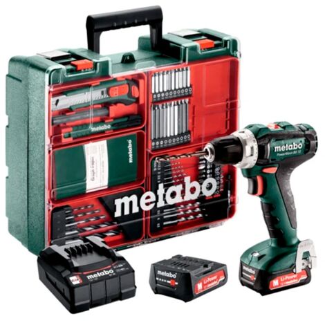 Taladro atornillador de 12V Metabo - 2 baterias de 2Ah + cargador + maletin de transporte y kit completo de accesorios incluido - 601036870