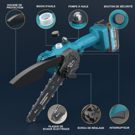 6" 8 Mini Tronconneuse A Batterie Sans Balais Avec Graisseur, Angle Réglable, Tronçonneuse