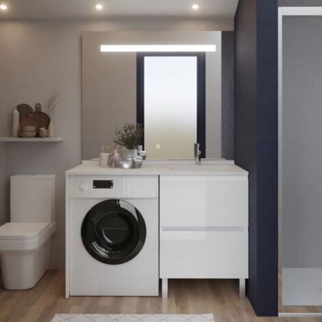 Waschmaschinenschrank IDEA versetztes Waschbecken + Elegance-Spiegel h105 - Weiﬂ  - Rechtes Waschbecken (1/4)