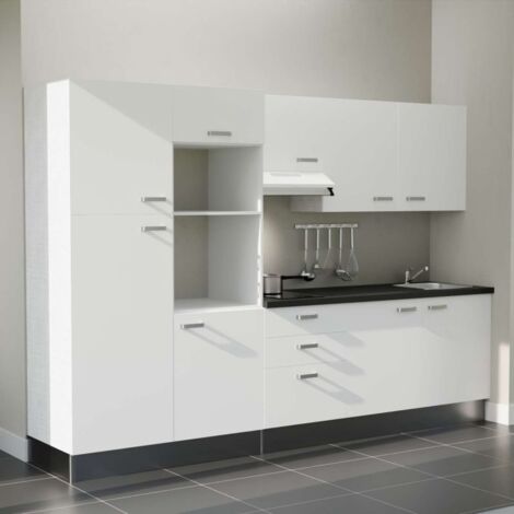 Kochnischen K46L-PT - 300 cm - Laminatplan, spüle Edelstahl, - Weiße Front - strukturierte schwarze Arbeitsplatte - Kredenzen nein + Haushaltsgeräte weiß (1/5)