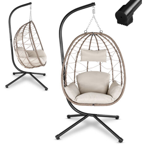 Juskys fauteuil suspendu Aria avec coussin - réglable en hauteur et pliable - Balancelle suspendue en polyrattan pour l'extérieur et l'intérieur - Fauteuil suspendu en panier jusqu'à 130 kg Beige