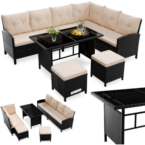 Juskys Lounge en polyrattan Manacor – Salon de jardin avec canapé, table, 2 poufs et coussins – Ensemble de mobilier de jardin jusqu’à 7 personnes – Noir, housses de siège en crème