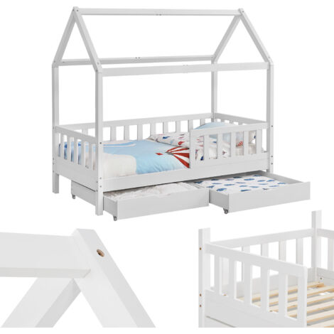 Lit pour enfant Juskys Marli 90 x 200 cm avec coffre de rangement, barrière de sécurité, sommier et toit - Lit cabane en bois massif pour enfants - Lit blanc