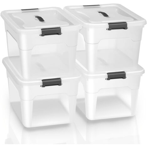 Boîte de rangement Juskys avec couvercle - Boîtes en plastique grandes, empilables, transparentes - Boîtes de rangement - Lot de 4 de 30L chacune